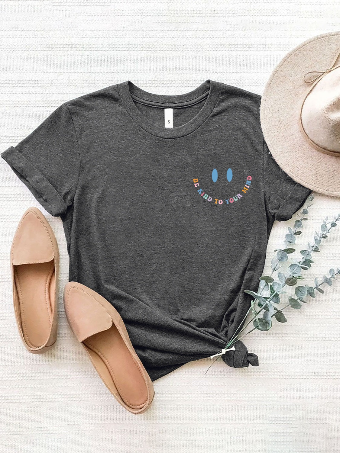 Dark Gray t-shirt with a smiley face graphic and "be kind to your mind" text.