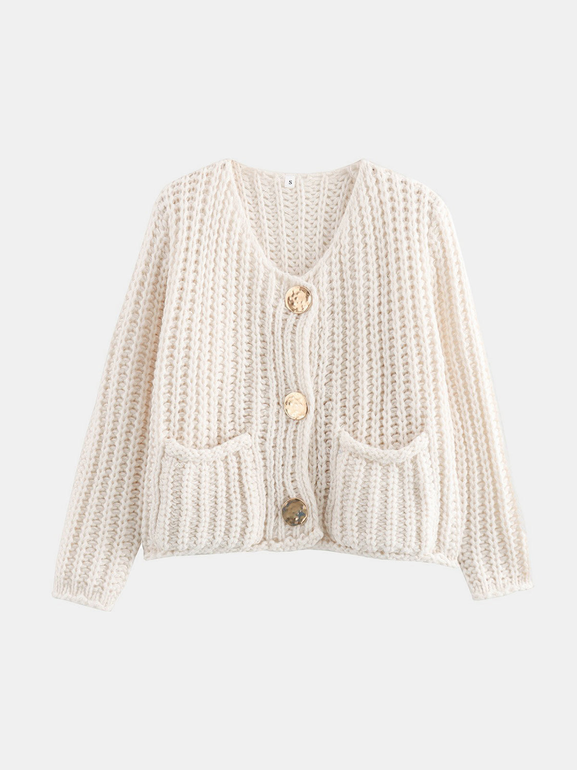 Beige chunky knit cardigan with statement buttons and patch pockets