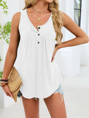 White ruched tank top with button detail and curved hem.