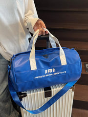 Blue pu leather sporty duffel bag with white handles and bold graphic text.