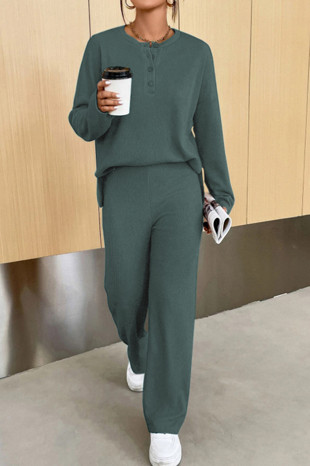 Relaxed ribbed henley set in dark green with buttoned neckline and wide leg pants.