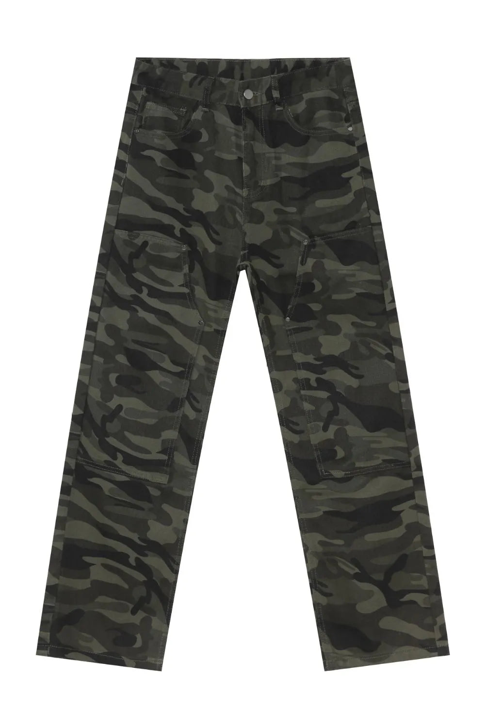 Utility camo carpenter jeans in black with multiple cargo pockets.