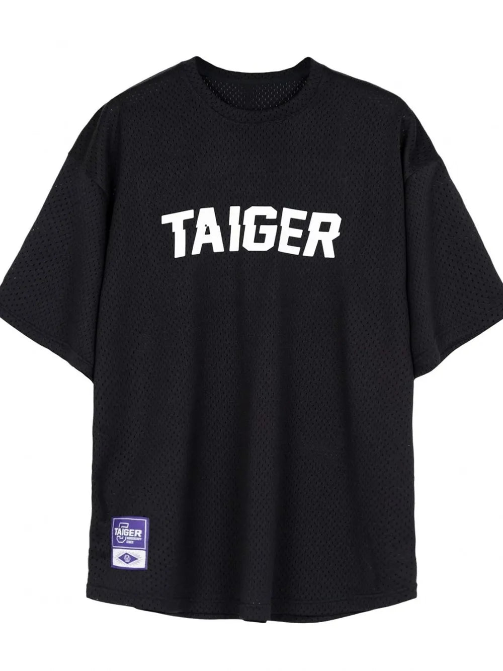 Black mesh oversized t-shirt with white TAIGER graphic and tag detail.