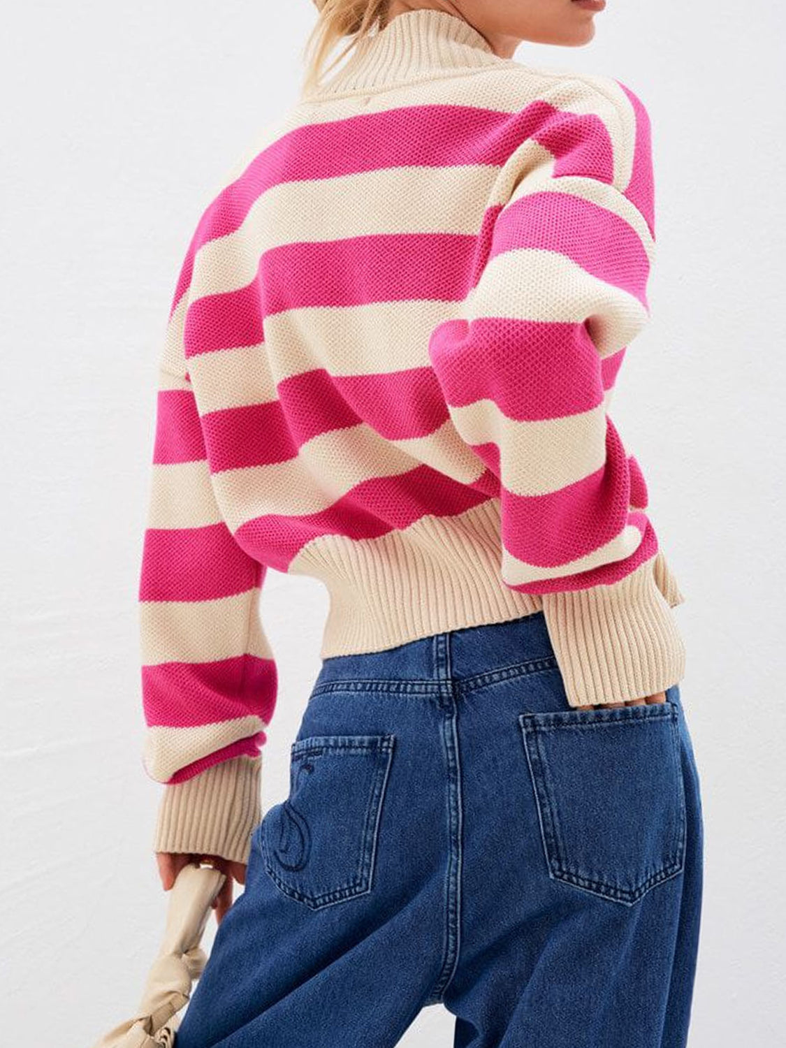 Cropped stripe knit cardigan in pink and cream with ribbed cuffs and hem