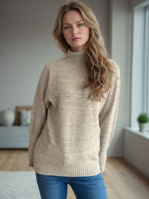 Khaki ribbed turtleneck sweater with subtle sparkle detail.