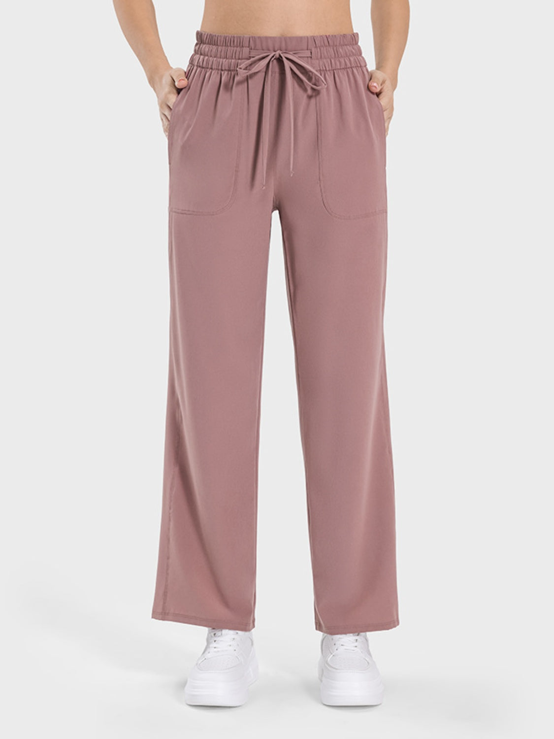 Light Mauve relaxed fit palazzo pants with drawstring waist and pockets.