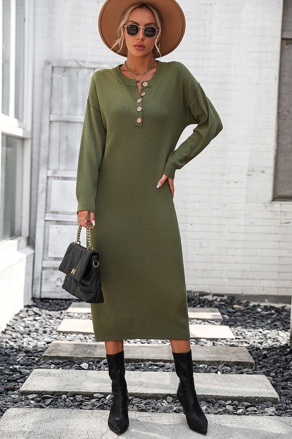 Army green textured knit henley midi dress with button detail and long sleeves.