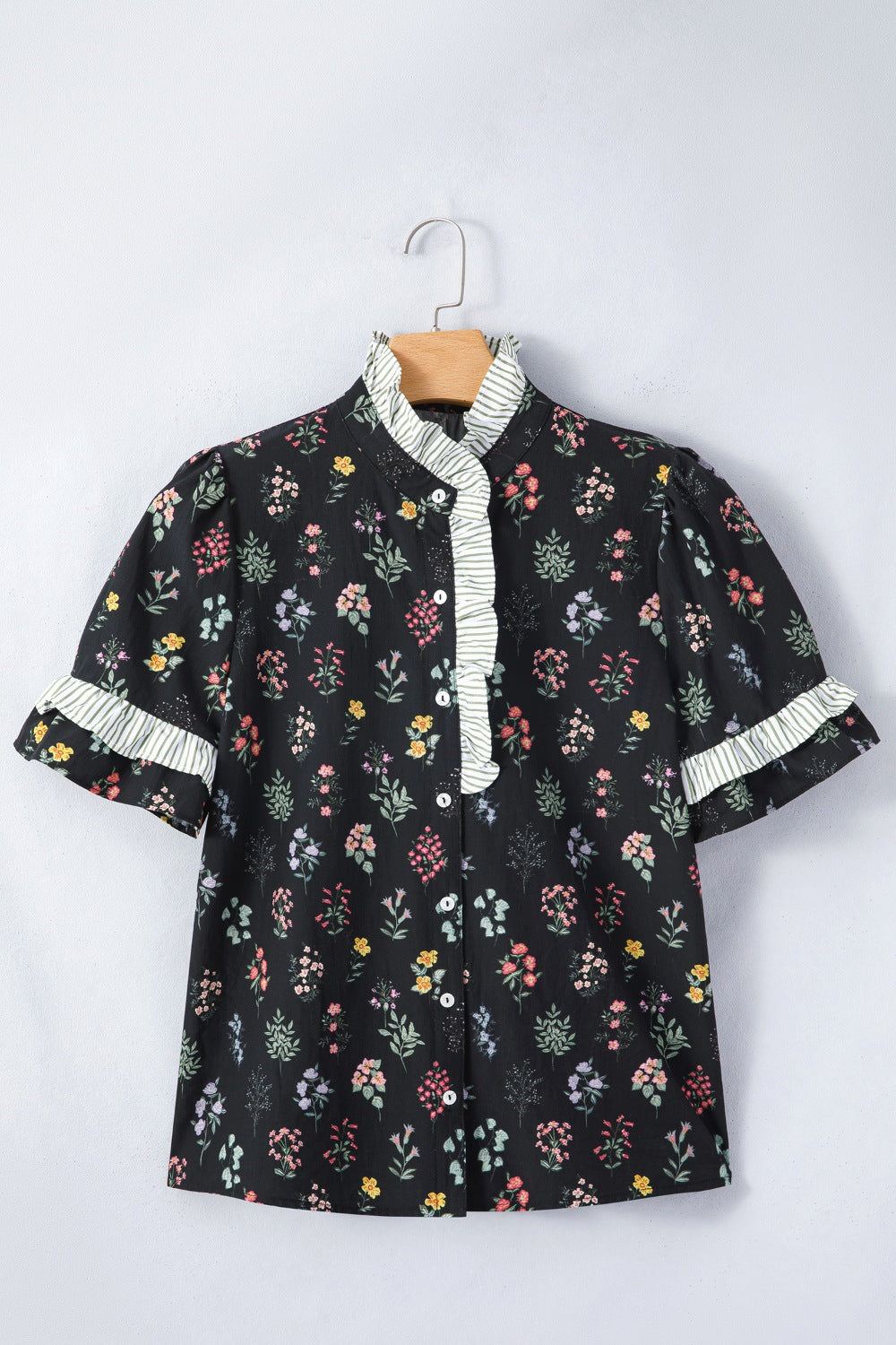 Black floral cotton short sleeve buttoned shirt with ruffled collar and striped cuffs