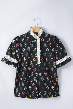 Black floral cotton short sleeve buttoned shirt with ruffled collar and striped cuffs
