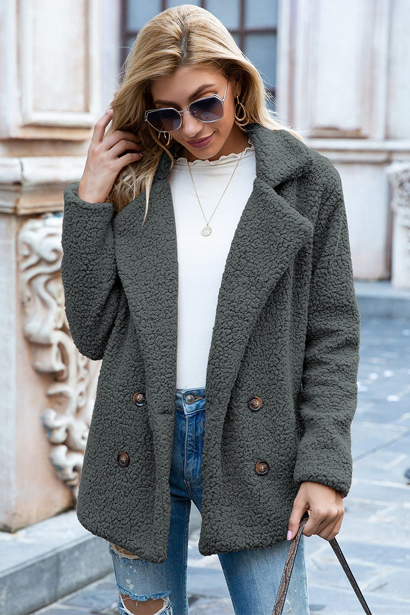 Dark Gray teddy pea coat with double-breasted closure and notched lapels.