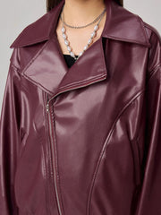 Plum purple faux leather biker bomber jacket with a zip front and wide collar.