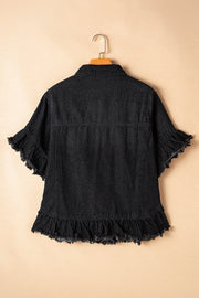 Black denim trucker jacket with short ruffled sleeves and hem.