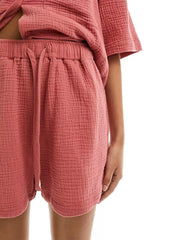 Crinkle cotton pajama shorts in red with drawstring elastic waist