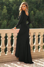 Black long sleeve maxi dress with a sculpted bodice and square neckline.