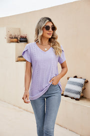 Lavender perforated sleeve detail knit top with V-neck