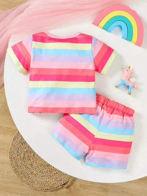 Baby girls' rainbow striped t-shirt and shorts set with unicorn graphic
