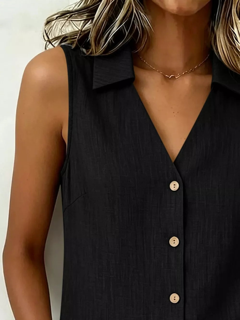 Full Size Button-up Sleeveless Collared Top in Navy, model styling view