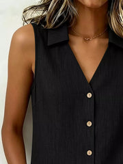 Full Size Button-up Sleeveless Collared Top in Navy, model styling view