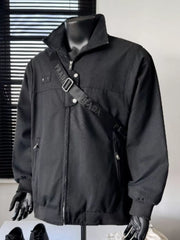 Black casual bomber jacket with zip front, buttoned pockets, and a crossbody strap.