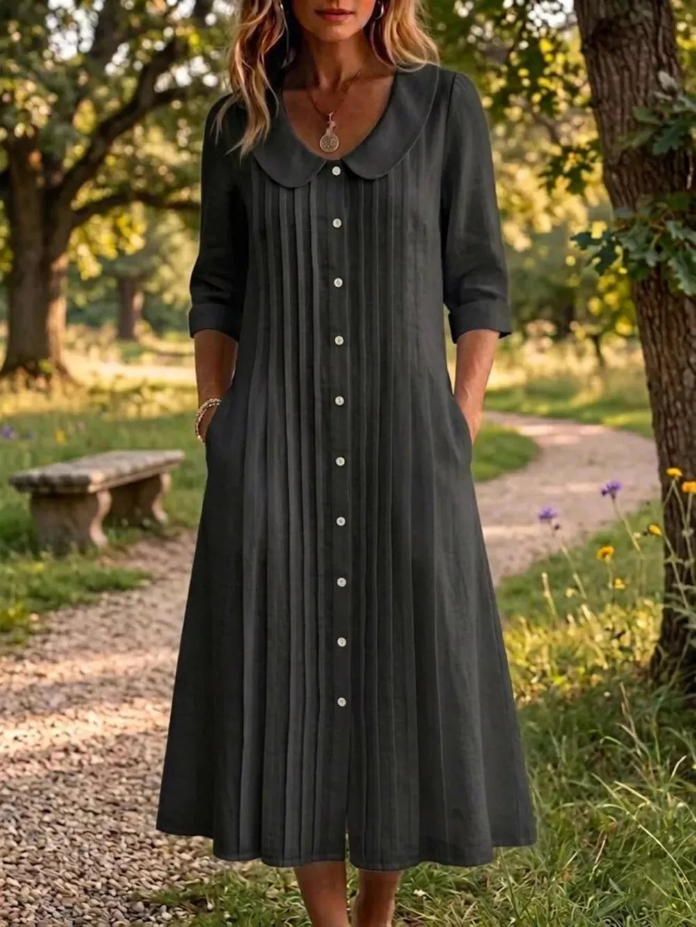 Peter Pan Collar Button Down Dress Plus Size, product detail