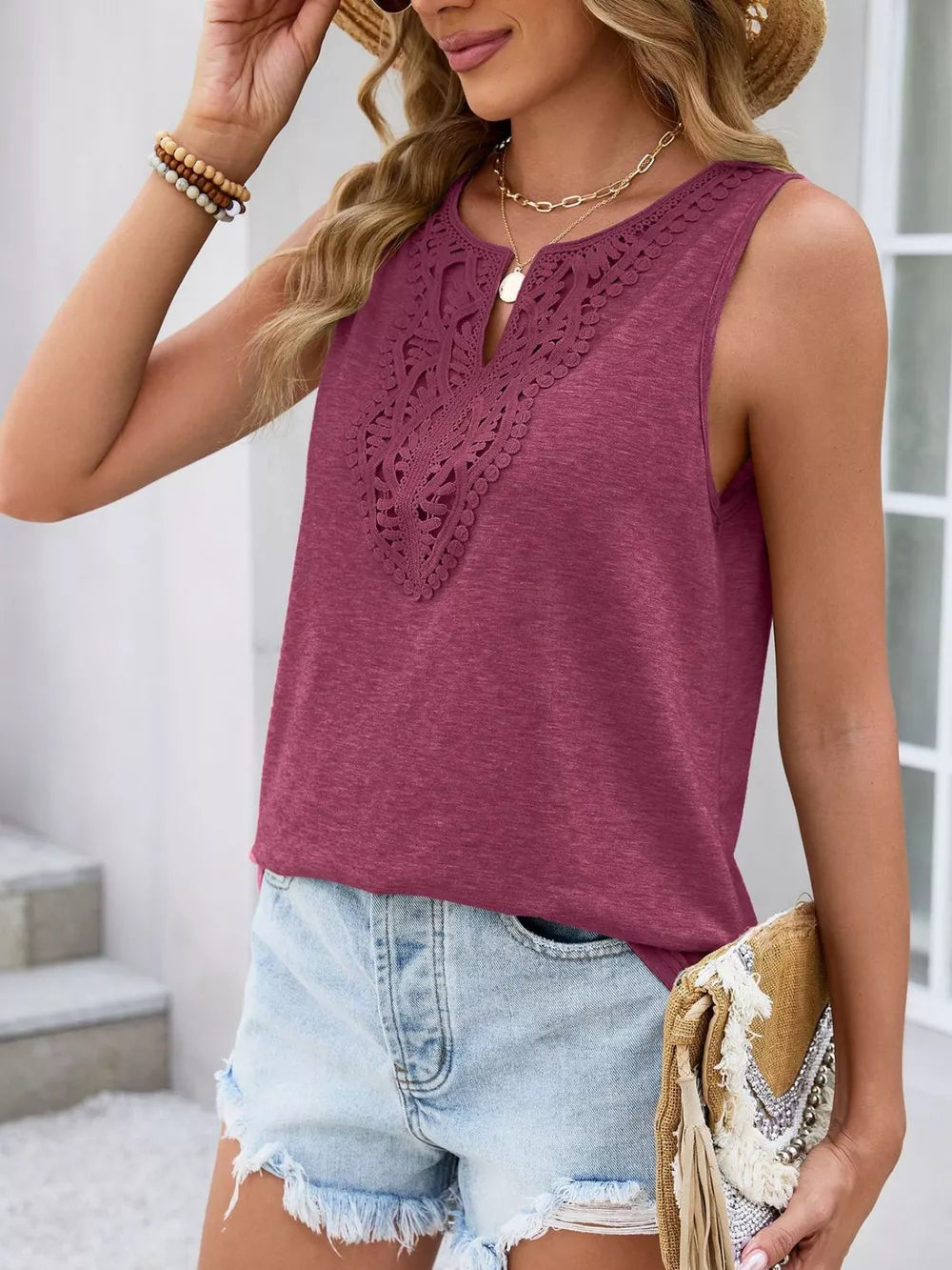 Burgundy sleeveless tank top with lace neckline detail
