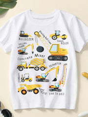 White cotton crew neck t-shirt with playful construction vehicle graphics and text.