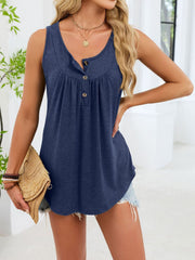 Navy blue ruched tank top with button detail and curved hem