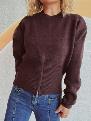Chocolate ribbed zip-front knit sweater with mock neck and fitted hem