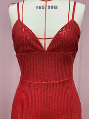 Big Red sequin maxi dress with V-neck and spaghetti straps.