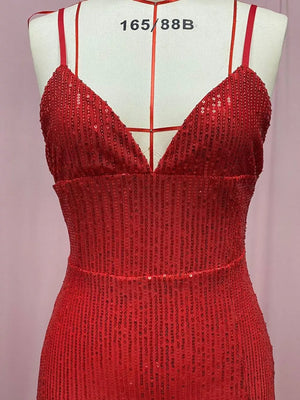 Big Red sequin maxi dress with V-neck and spaghetti straps.