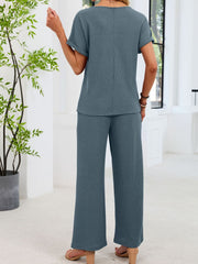 French blue waffle knit two-piece set with short sleeves and wide-leg pants