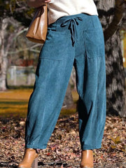 Blue corduroy wide-leg pants with drawstring waist and pockets