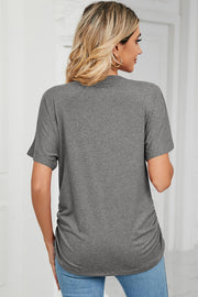 Dark Gray tee with short sleeves, V-neck, and ruched sides.