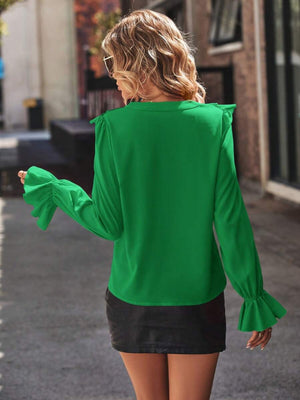 Mid green polyester blouse with ruffled sleeves and neckline detail