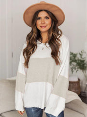 Colorblock knit pullover with drop shoulder in white and light gray, casual long sleeve sweater.