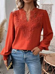 Orange-Red embroidered yoke blouse with puff sleeves and dot texture