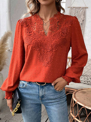 Orange-Red embroidered yoke blouse with puff sleeves and dot texture