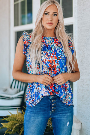 Painterly ruffle sleeve blouse in multi-color abstract print with a round neckline.