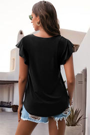 Black ruffled sleeve tee with scoop neck, casual everyday basic top.