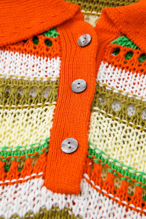 Striped crochet polo mini dress with orange placket and buttons, featuring open knit details.