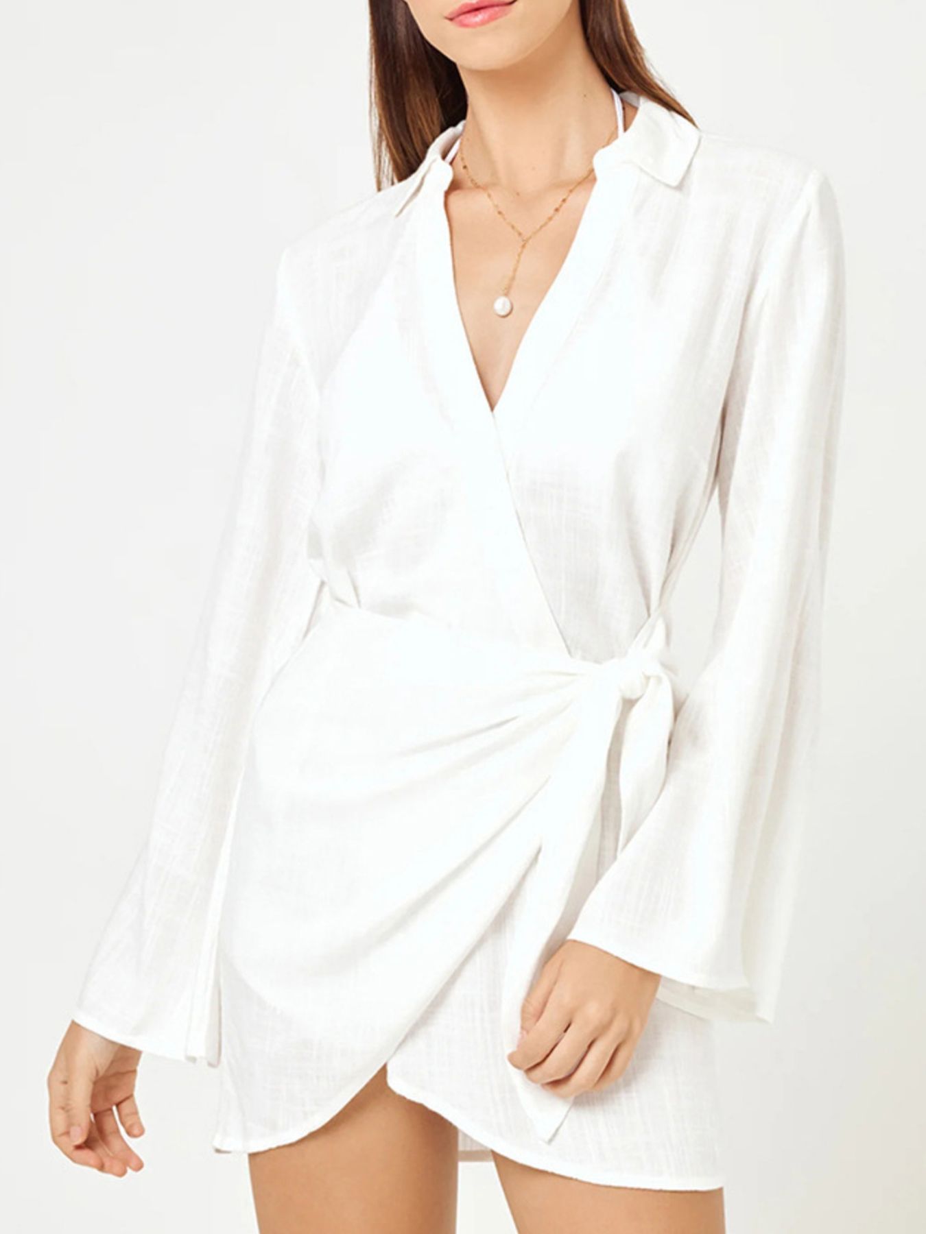 Chic white cotton blend wrap cover-up dress with long sleeves and tie waist.