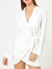 Chic white cotton blend wrap cover-up dress with long sleeves and tie waist.
