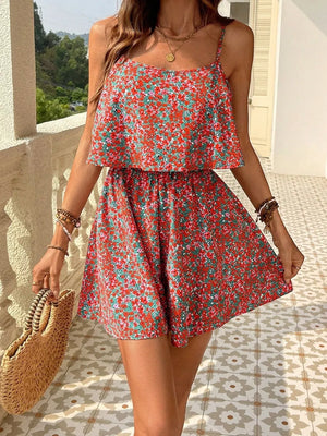 Floral Print Spaghetti Strap Romper, model styling view