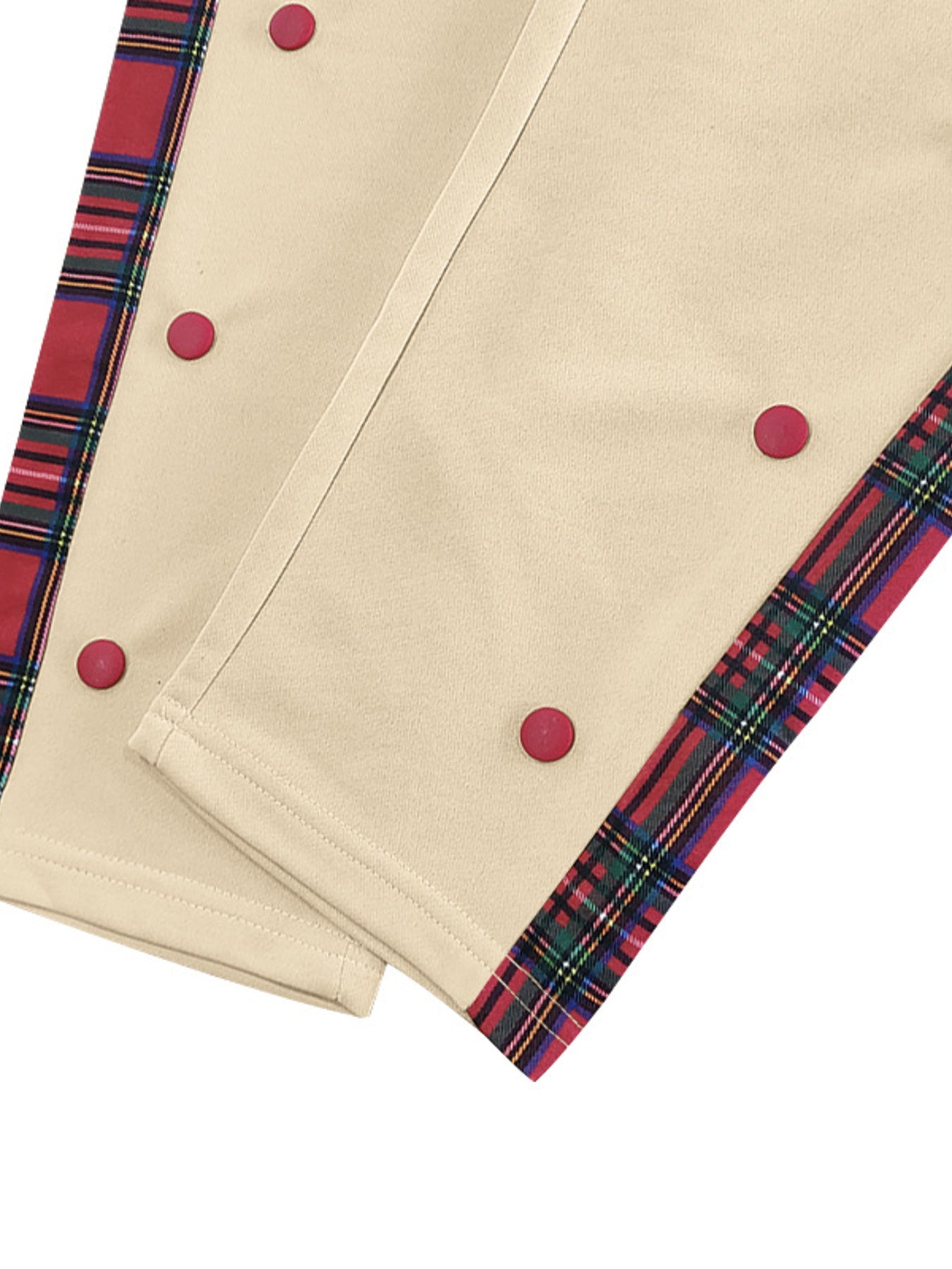 Khaki sweatpants with red plaid trim and snap buttons.