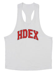 White athletic tank top with red HDEX graphic and racerback.