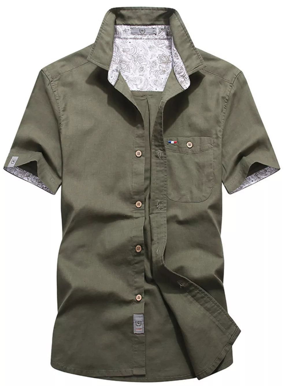 Men's Full Size Button Up Short-sleeve Casual Shirt in Army Green, close-up detail