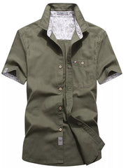 Men's Full Size Button Up Short-sleeve Casual Shirt in Army Green, close-up detail