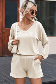 Cream ribbed v-neck long sleeve top and shorts outfit set with pockets