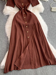 Brown ribbed knit midi dress with gold button detail and front slit