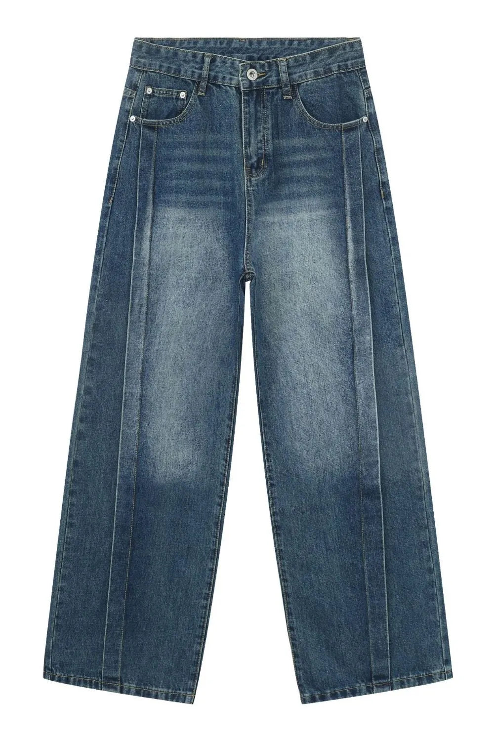 Medium wash denim jeans with vertical seams and wide legs.